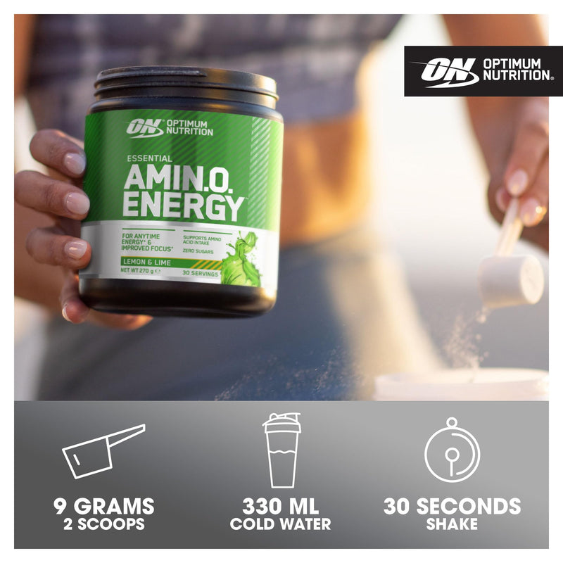 Optimum Nutrition Amino Energy Pre Workout Powder, Energy Drink with Amino Acids, BCAA, L-Glutamine and L-Leucine, Food Supplement with Vitamin C and Caffeine, Lemon Lime Flavour, 30 Servings, 270 g