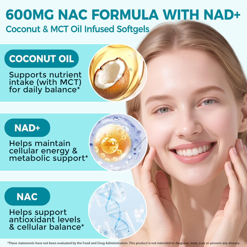 NAC (N-Acetyl-L-Cysteine) 600mg – 300 Softgels – Enhanced with NAD+, Coconut & MCT Oil – 100-Day Supply – Supports Daily Wellness, Metabolic Function & Natural Balance – Vegan & Non-GMO