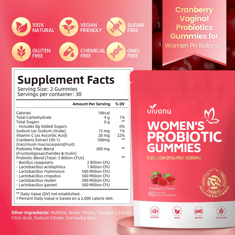 VivoNu Viginal Probiotic for Women, Women Probiotic Gummies, 60 Gummies | Feminine Balance Gummies, Cranberry Probiotics for Woman Vaginigal Health, Yeast Ph Balance 120P/2Bags