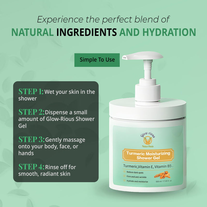 glow-rious Turmeric Body Wash with Vitamin E & B5 - Moisturizing Shower Gel for Smooth Skin - Daily Gentle Cleanser for Face, Hands & Body - 500ml