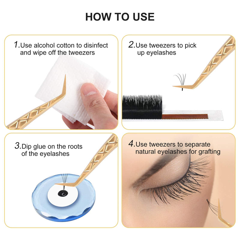 FEITA Eyelash Extension Tweezer Set Gold Lash Applicator Tool - Precision Lashes Diamond Grip Tweezers for 2D-6D Volume & Individual Eyelashes Extensions Supplies (6Pcs) Gold Diamond-grip 6pcs