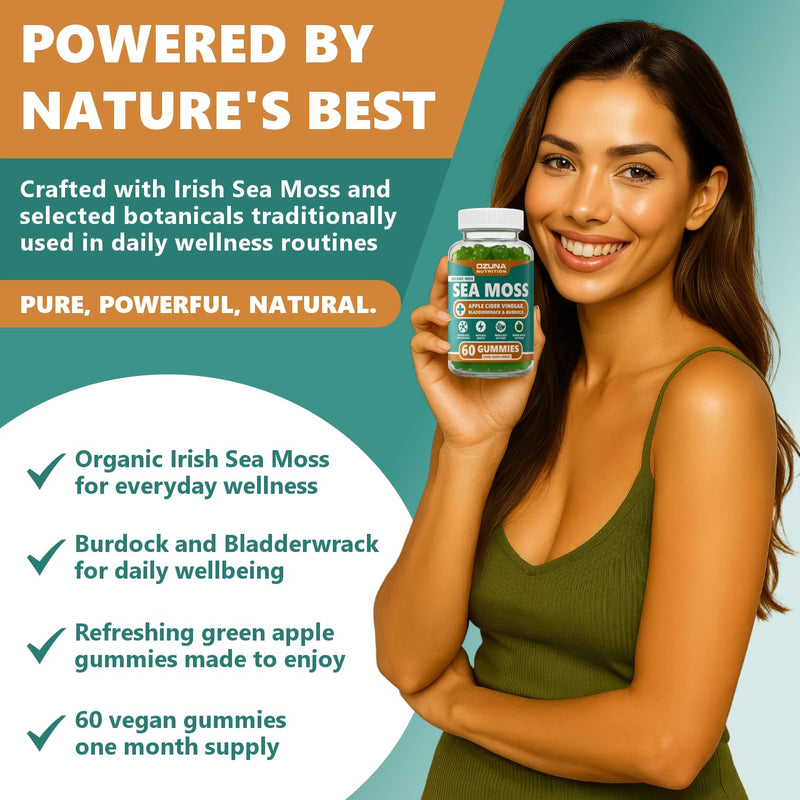 Sea Moss Gummies with Apple Cider Vinegar, Bladderwrack & Burdock | 60 Vegan Gummies | Green Apple Flavour | Irish Sea Moss Gummy | Daily Wellness & Routine Support