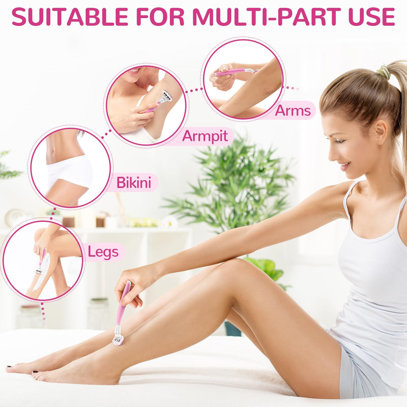 [Australia] - Razors for Women Include 2 Non-Slip Handles and 14 Blade Refills with a Shower Holder, 5 Premium Blades Women's Razors for Shaving with 360° Lubrication Reduces Irritation, Pink 