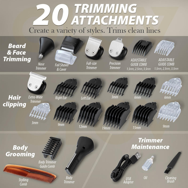 [Australia] - Beard Trimmer, 21 Piece All-in-One Mens Grooming Kit and Hair Clipper, Nose, Ear,Body and Face, Electric Razor with USB Recharge Dock Black 