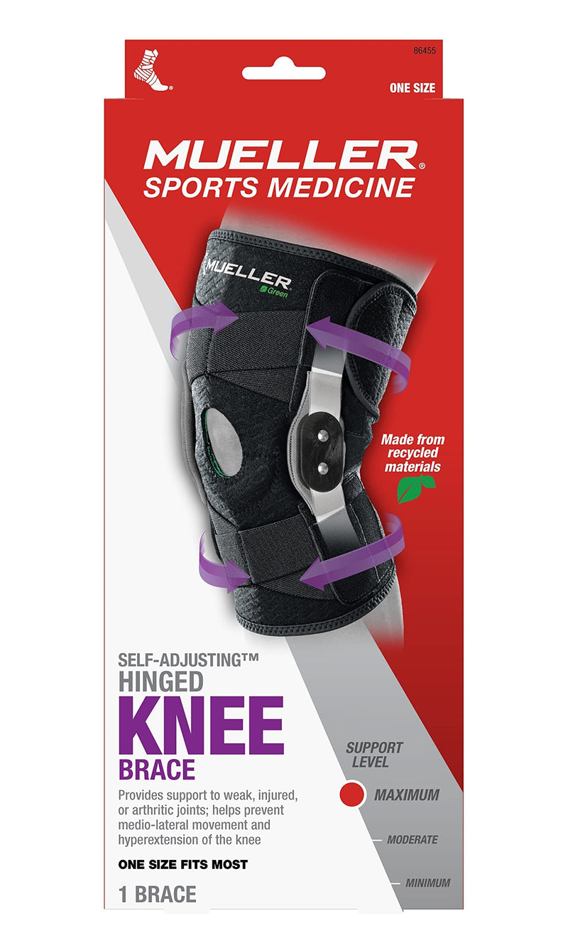 MUELLER Sports Medicine Green Self-Adjusting Hinged Knee Brace, Knee Pain Relief Support for Men and Women, Ideal for Arthritis, Sprains, Black, One Size