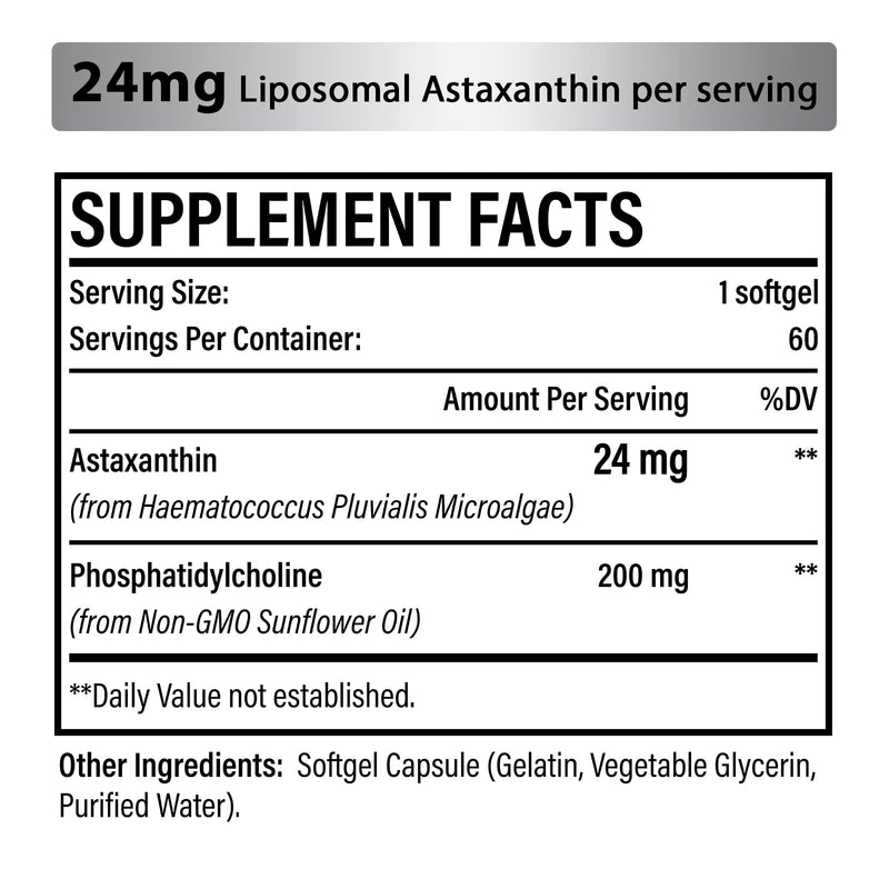 [Australia] - Liposomal Astaxanthin Supplement 24 MG, Maximum Absorption, Antioxidant Stronger Than VIT C, Non-GMO & Gluten Free - 60 Softgels(2 Months Supply) 60 Count (Pack of 1) 