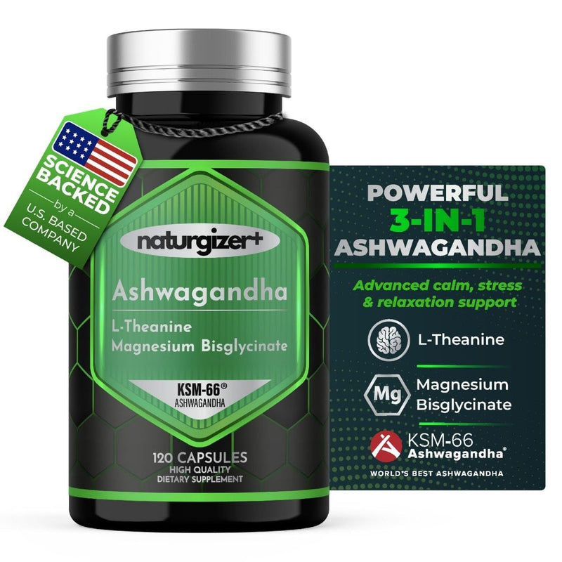 Ashwagandha KSM-66 Complex with L-Theanine & Magnesium | 120 Capsules | 3-in-1 KSM-66 Ashwagandha Complex with L-Theanine & Magnesium | 120 Capsules | 60-Day Supply