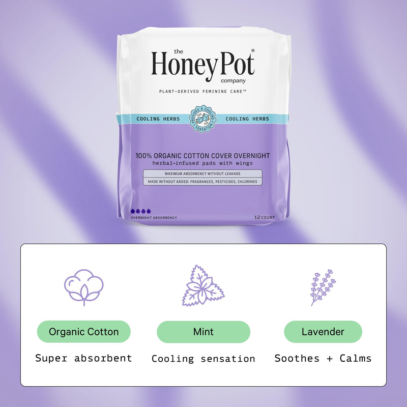 [Australia] - The Honey Pot Company - Herbal Pads for Women - Overnight Pads w/Wings - Infused w/Essential Oils for Cooling Effect & Organic Cotton Cover - Sanitary Pads - Feminine Care - FSA & HSA - 12 ct 12 Count (Pack of 1) Herbal Overnight 