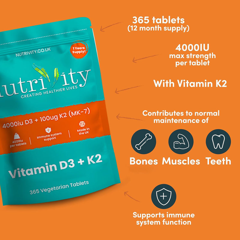 Vitamin D3 4000 IU & Vitamin K2 MK7 100µg | 365 High Strength Vitamin D3 K2 Vegan Tablets | 1 Year Supply D3 and K2 Supplements | Bone, Muscle & Immune Support | Halal | Gluten & Sugar Free | UK Made