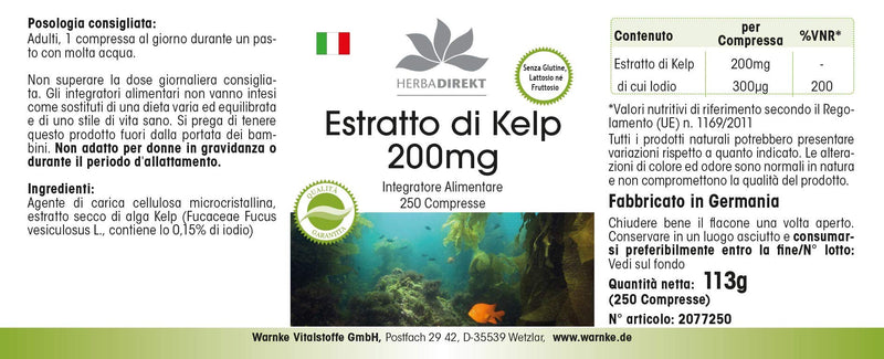 [Australia] - Kelp extract 200mg - 250 tablets - high dosage - vegan - natural iodine | HERBADIREKT by Warnke vital substances - German pharmacy quality 