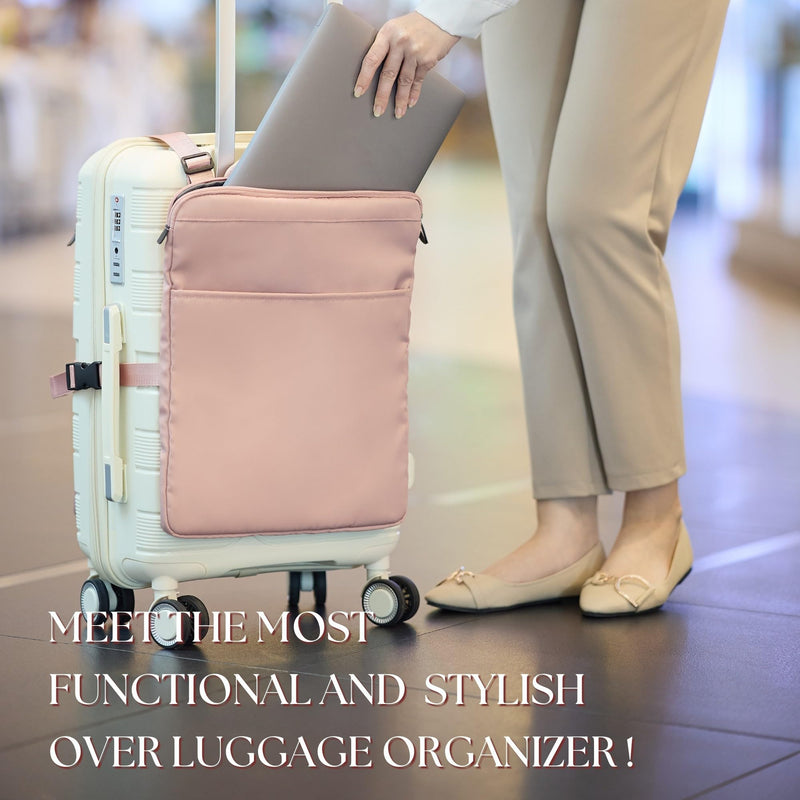 BAREFOOT CARIBOU Over Luggage Organizer, 16 Inch Laptop Sleeve (Pink) | Slides over carry on suitcase handle, storage pockets, adjustable straps, lightweight nylon, travel accessories bag Pink