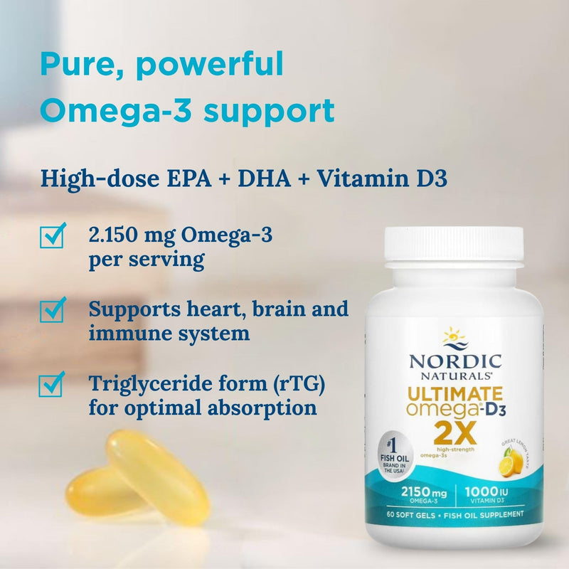 Nordic Naturals Ultimate Omega 3 2X, 2150mg Omega-3 Capsules High Strength Fish Oil Supplements with EPA and DHA and Vitamin D3, 60 Softgels, Lemon Flavour, Soy Free, Gluten Free