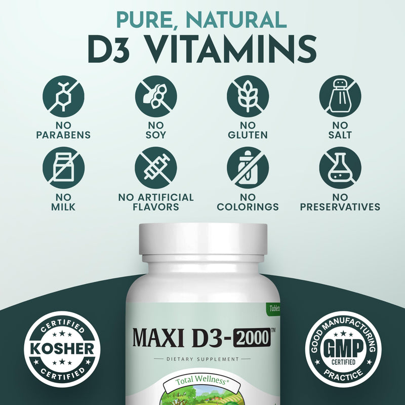 Maxi Health® Vitamin D3 2000IU Supplement (90 Tablets) | Kosher | Vitamin D Immune Support Supplement | Calcium Absorption, Bone, Teeth & Muscle Support | Non-GMO | Doctor Formulated 90 Count (Pack of 1)