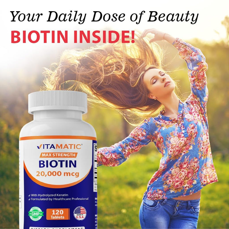 Vitamatic High Potency Biotin 20000 mcg (20mg) with Keratin 100mg - 120 Vegetarian Tablets - Biotin Supplements for Healthy Hair Skin & Nails for Adults (120 Count (Pack of 1))