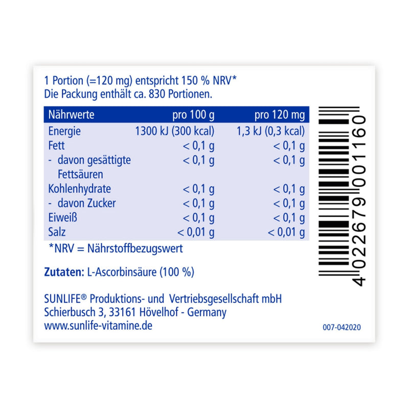 [Australia] - SUNLIFE Vitamin C powder high dosage 100 g - Vitamin C powder with lemon flavor - Pure L-ascorbic acid powder - Nutritional supplement for immune system & cell protection - Vitamin powder with measuring spoon 
