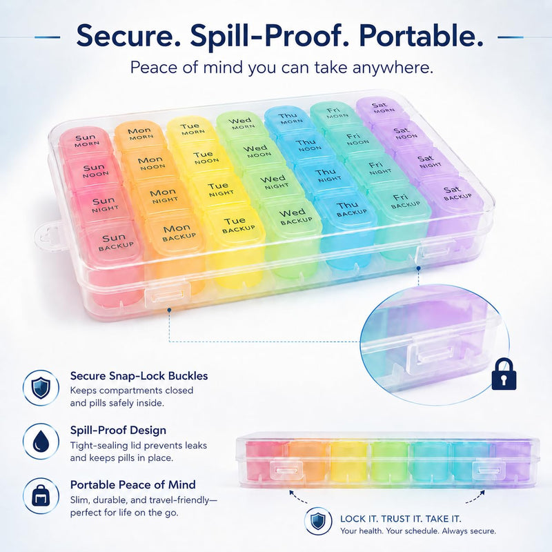 Weekly Pill Organizer 4 Times a Day with Pill Cutter, BPA-Free 7 Day Pill Box and Tablet Cutter Set, Large 28-Compartment Medicine Organizer for Vitamins, Supplements, Fish Oil and Travel Multicolor 1 PACK