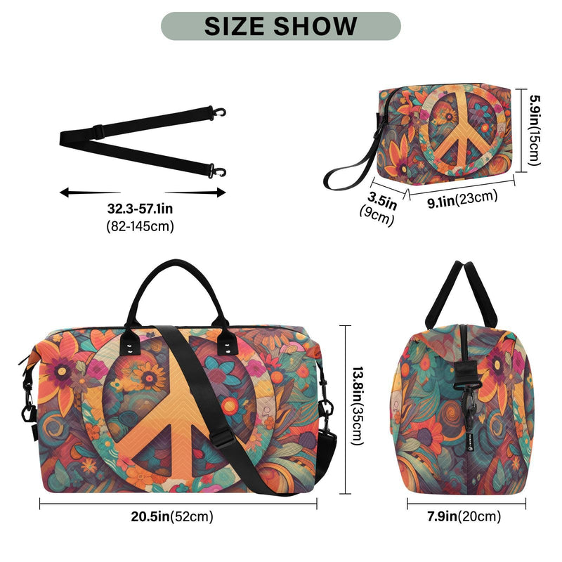 Duffel Bag Set with Toiletry Bag for Travel Gym Sport, Luggage Sleeve Weekender Bag Carry on Overnight Bag-Hippie Peace Print