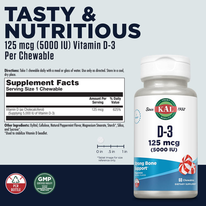 KAL Vitamin D3 Chewable Supplement - 5000 IU 125 mcg, High Potency Vitamin D Chewables, Healthy Teeth, Bone Strength and Immune Support, Natural Peppermint Flavor - 60 Count | High Potency Vitamin D Chewables, Healthy Teeth, Bone Strength and Immune Su...