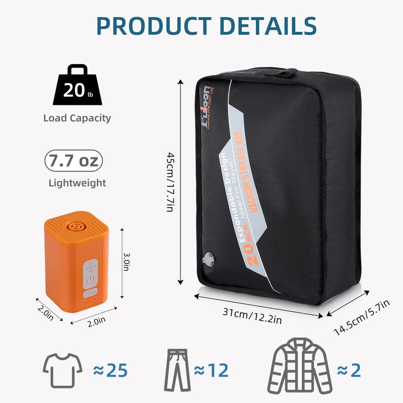 Fuloon Space Saver Vacuum Storage Bags, 20-Inch Travel Compression Bags for Air Travel, Business Trip, Carry-On Suitcases & Backpack, Black (2 Pack, With Pump) 2 Pack With Pump