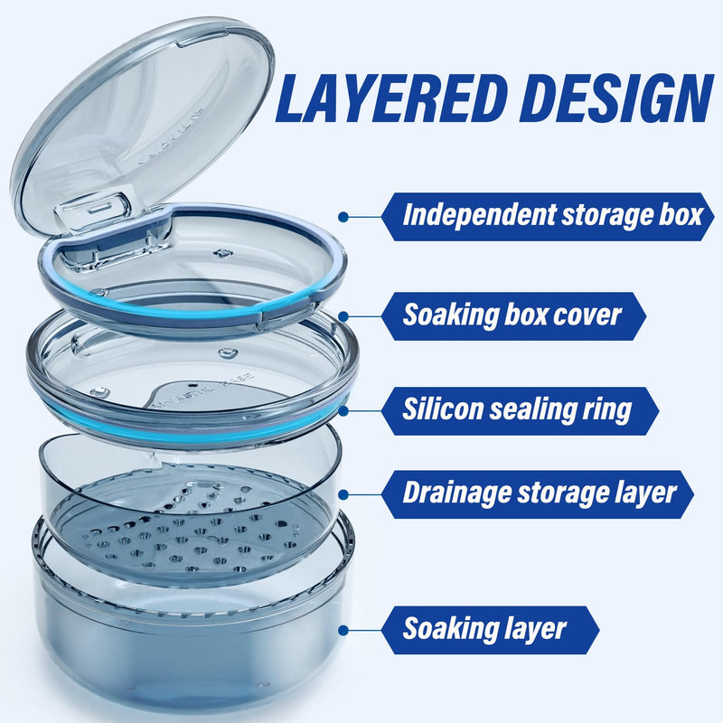 [Australia] - Denture Case Retainer Cleaning Case: 2 in 1 Retainer Case, No-Leak Denture Bath Box Cup, Complete Clean Care for Dentures, Clear Braces, Mouth Guard, Night Guard & Retainers Blue 