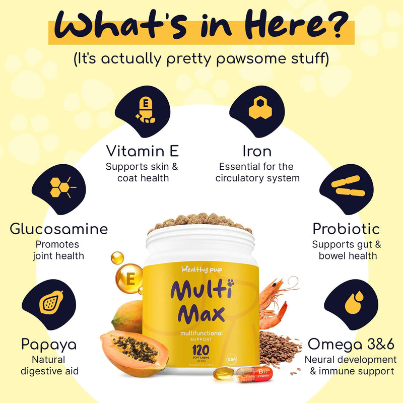 Dog Multivitamin Supplement - 120 Soft Chew Dog Vitamins and Supplements with Omega, Probiotics, Glucosamine, and More - for Small, Large, and Senior Dogs - PawsPlanet Australia