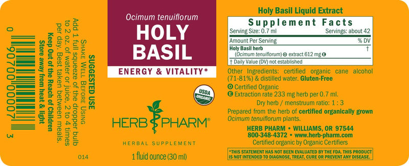 [Australia] - Herb Pharm Certified Organic Holy Basil (Tulsi) Extract for Energy and Vitality, 1 Ounce (DBAS01) 