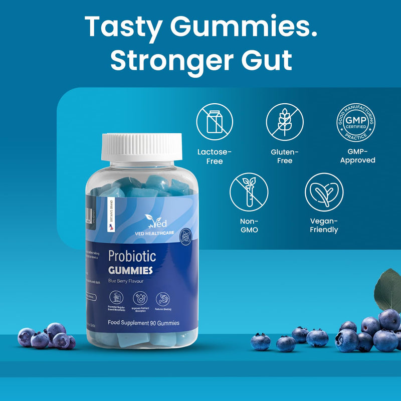 Vegan Probiotic Gummies with Prebiotics, Blueberry Flavour, 2 Gummies Daily (90 Count), 45 Days Supply, Non-GMO, Gluten Free, Vegetarian & Gut Health Supplement