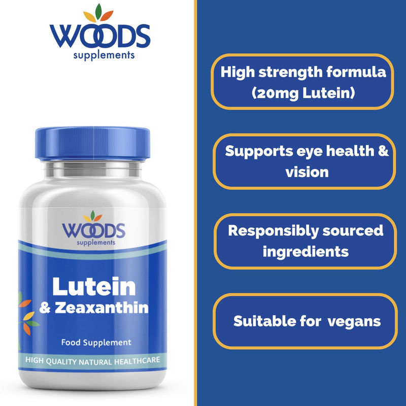 Woods Supplements - 20g Lutein and Zeaxanthin Supplement. 60x Complex Multivitamin Tablets with Added Astaxanthin, Bilberry, Carrot, Gingko, Beta Carotene, Vitamins C, E, B for Healthy Eyes & Vision 60