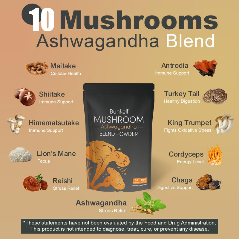 [Australia] - Ashwagandha Mushroom Powder, Adaptogenic 10 Mushrooms Complex w/ashwagandha - Lion's Mane, Reishi, Chaga & Maitake - Adaptogens Powder for Energy, Cognitive & Immune Support, 80 Servings 6.35 Ounce (Pack of 1) 