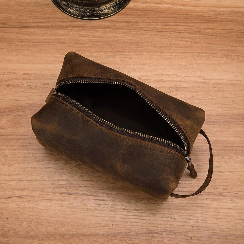 Premium Leather Unisex Toiletry Travel Pouch, Cosmetic Bag Organizer Stylish Waterproof Lining Vintage Unisex Kit, Water Resistant-Cosmetic Case DOPP Kit SD 064 (Coffee) Coffee