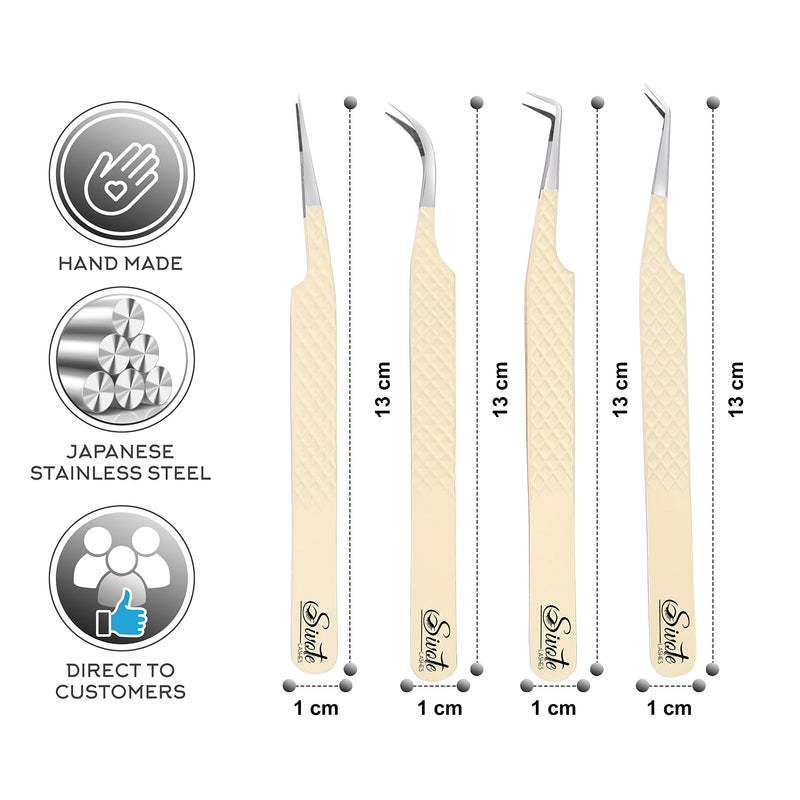 SIVOTE Fiber Tips Lash Tweezers for Eyelash Extensions, Set of 4, Curved, Dolphin, 90 Degree & 45 Degree Tweezer, Vanilla 4 Pack