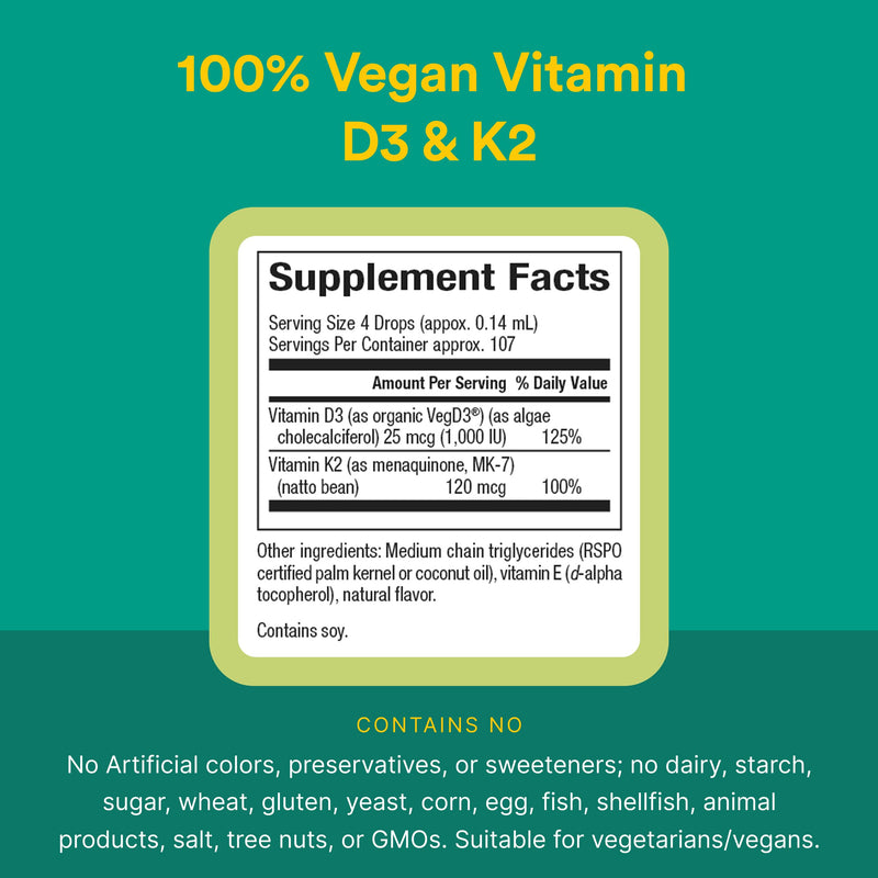 Natural Factors Whole Earth & SEA 100% Vegan Vitamin D3 & K2 25 MCG/120 MCG, 60 Vegetarian Capsules