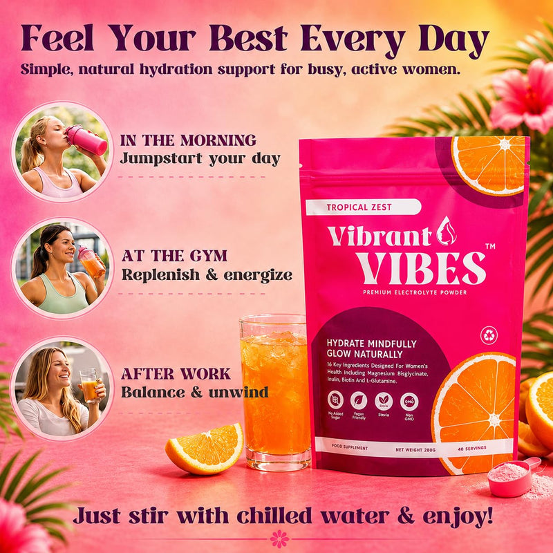Vibrant Vibes Women’s Electrolyte Powder – Clean Daily Hydration | Zero Sugar, Magnesium, B & C Vitamins | Vegan Electrolytes | 280g Pouch – 40 Servings, Tropical Zest Flavour.