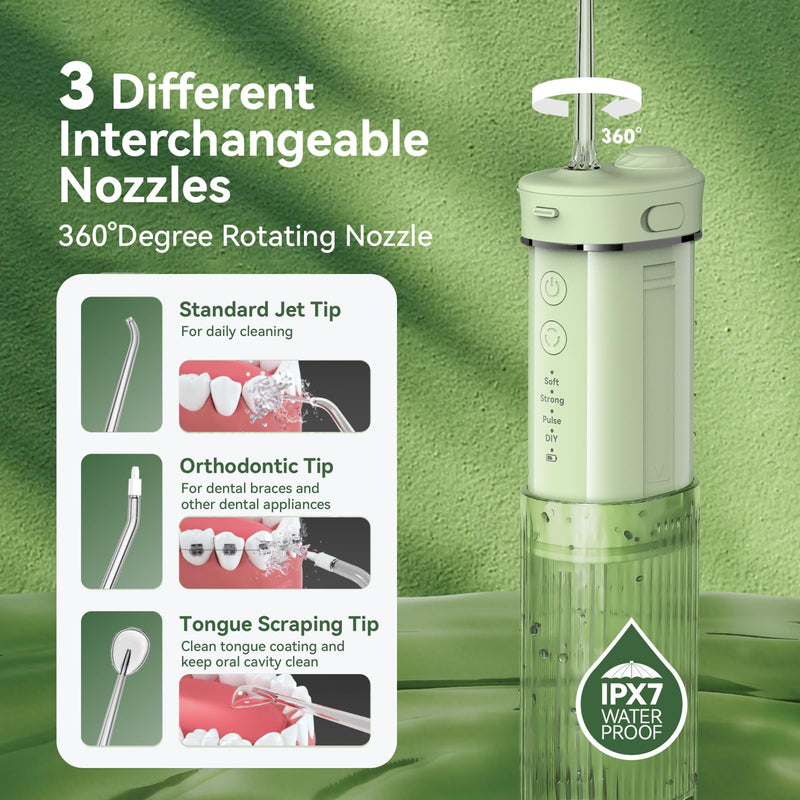 [Australia] - Portable Mini Water Dental Flosser for Teeth Cleaning Pick,Travel Oral Irrigator with Telescopic Water Tank,4 Modes and Waterproof Design-Perfect for Braces,Bridges,Home&Travel Dental Care Green 