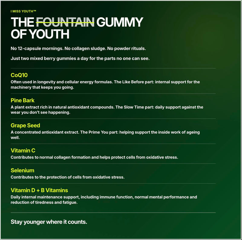 Miss Youth Longevity Gummies | CoQ10, Pine Bark, Grape Seed, Selenium & Vitamin C | Daily Antioxidant & Healthy Ageing Gummies | 60 Vegan Gummies