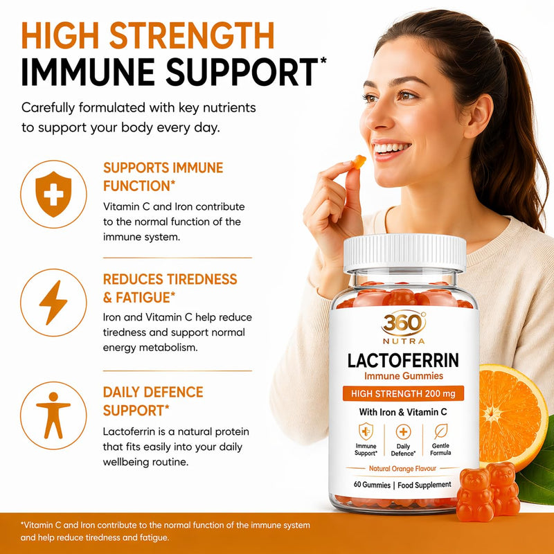 Lactoferrin Gummies 200mg – High Strength Chewable Lactoferrin – with Iron & Vitamin C – No Tablets – Orange Flavour – 60 Gummies (30 Day Supply) – Adults UK
