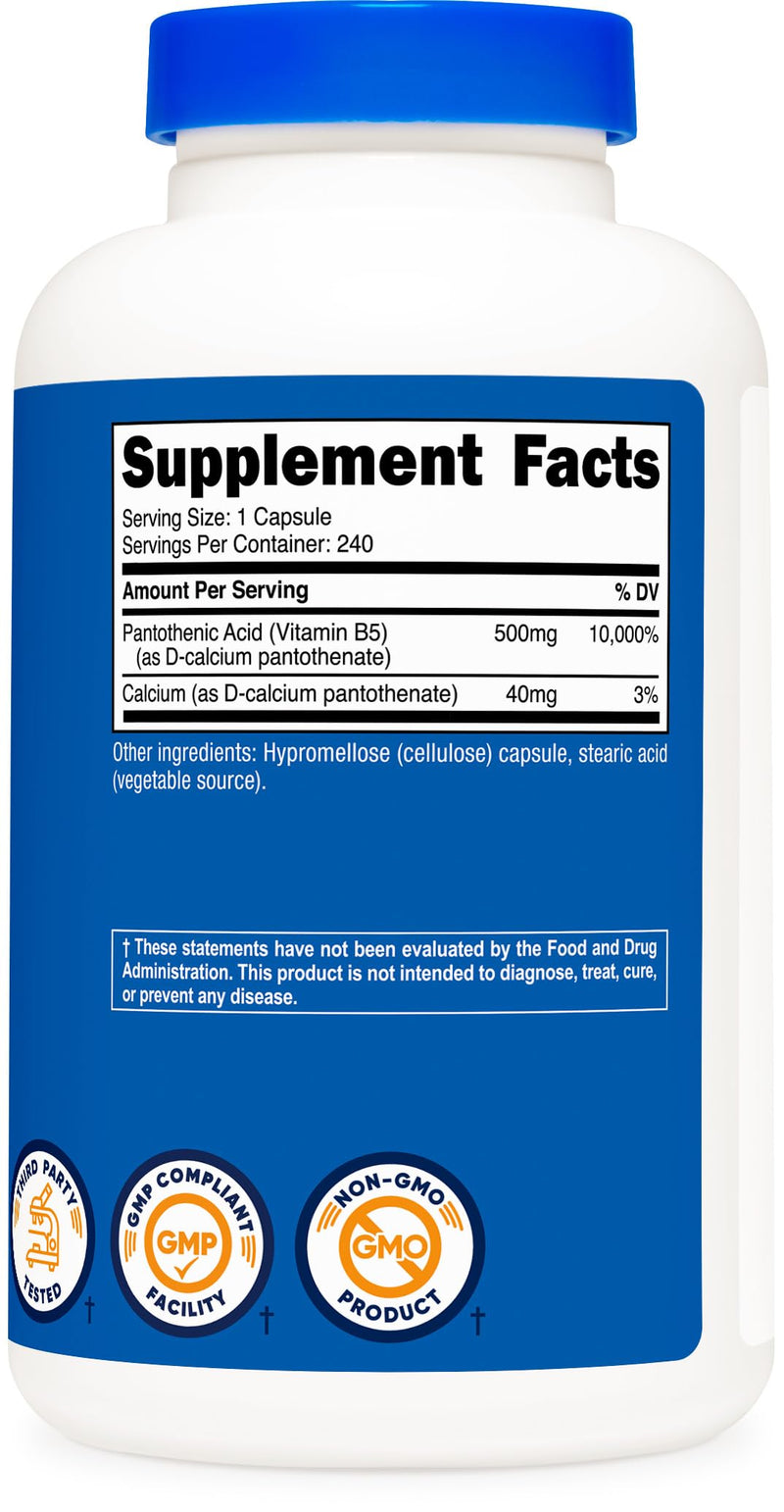 Nutricost Pantothenic Acid (Vitamin B5) 500mg, 240 Capsules (Pack of 2) 240 Count (Pack of 2)