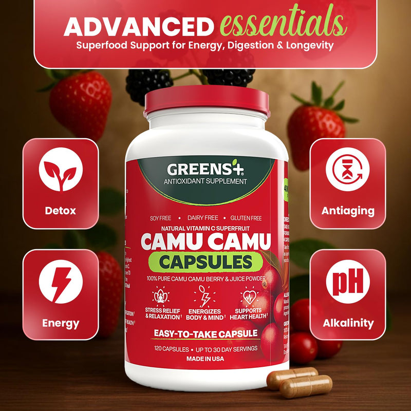Greens+ SuperFruit Camu Berry Supplement Capsules | Antioxidant | 120 Count | Amazon Camu Camu Berry | Energy Boost Vitamins & Minerals | High ORAC Antioxidants, 400mg Natural Vitamin C Supplement