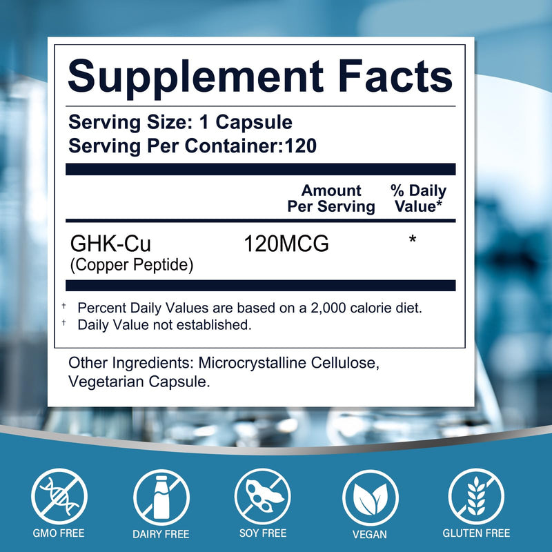 GHK-Cu Copper Supplement, 120 Vegan Capsules, High Potency 120mcg, Supports Collagen Production, Skin Elasticity, Anti-Aging & Hair Growth, Non-GMO, Gluten-Free & Clean Label 120 count (Pack of 1)