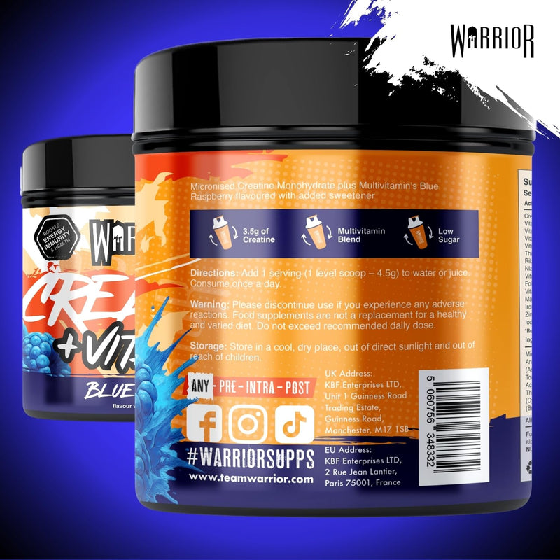 Warrior Creatine Monohydrate 360g (80 Servings) – Creatine Powder + Multivitamin with Magnesium & Vitamin D – All-in-One Gym & Sports Performance Formula for Strength, Muscle & Energy – Blue Raspberry Blue Razz