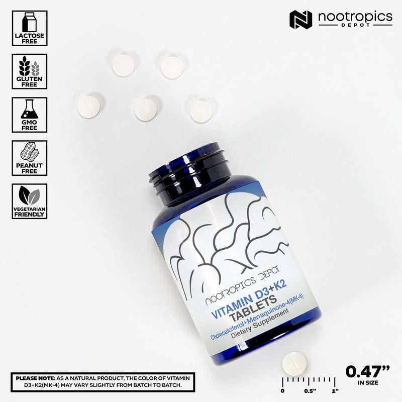 Nootropics Depot Vitamin D3 + K2 with Vitamin C Tablets | 365 Count | Cholecalciferol + Menaquinone-4 (MK-4) | Mood, & Bone Health | Healthy Calcium Absorption 1 Count (Pack of 365)