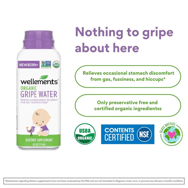 Wellements Organic Gripe Water | Relieves Occasional Stomach Discomfort from Baby Gas, Colic, Hiccups and Fussiness | Certified Organic and Non-GMO | No Artificial Flavors | 4 Fl Oz. | Ages Newborn+ Gripe Water-1 Pack