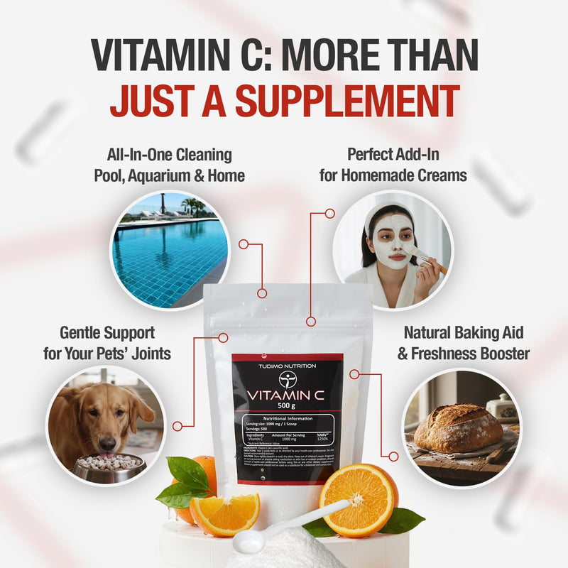 Vitamin C Powder 1000mg per Serving - Bulk Pack 500g | High Strength Ascorbic Acid, Multi-Use Immune & Wellness Support | Easy to Mix, 100% Vegan and Pure, Non-GMO | Scoop Included