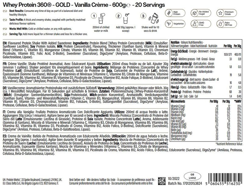 Protein Works | Whey Protein 360 - GOLD Innovation, Whey Protein Powder, Premium Tri-Protein Blend, Digestive Enzymes, 12 Vitamins & Minerals, French Vanilla, 20 Servings, 600g 20 Shakes (600g)