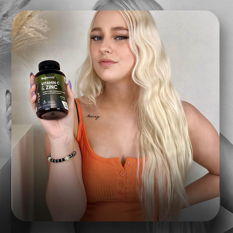 Vitamin C and Zinc Supplements - 6 Months Supply - 180 Tablets - 1 per Day - 1000mg L-Ascorbic Acid & 10mg Zinc Citrate - Vegan-Friendly & Non-GMO - Vitamin C Tablets for Men & Women