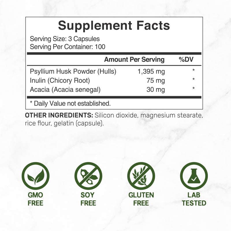 [Australia] - Psyllium Husk 1500mg Per Serving, 300 Capsules – 3 in 1 Fiber with Inulin & Acacia Complex – Natural Soluble Fiber Supplement, Supports Digestive Health – Plant Based, Non-GMO Psyllium Husk 1500mg Capsules 