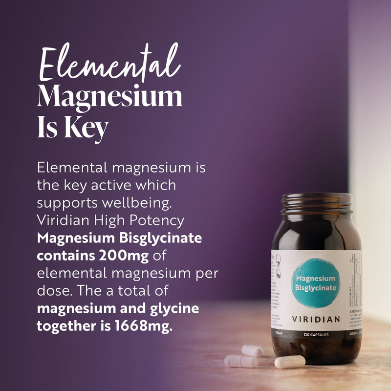 Viridian - High Potency Magnesium Bisglycinate - 120 Capsules – 200mg Per 2 Capsules – High Bioavailability Formula – Vegan Food Supplement with 100% Active Ingredients 120 count (Pack of 1)