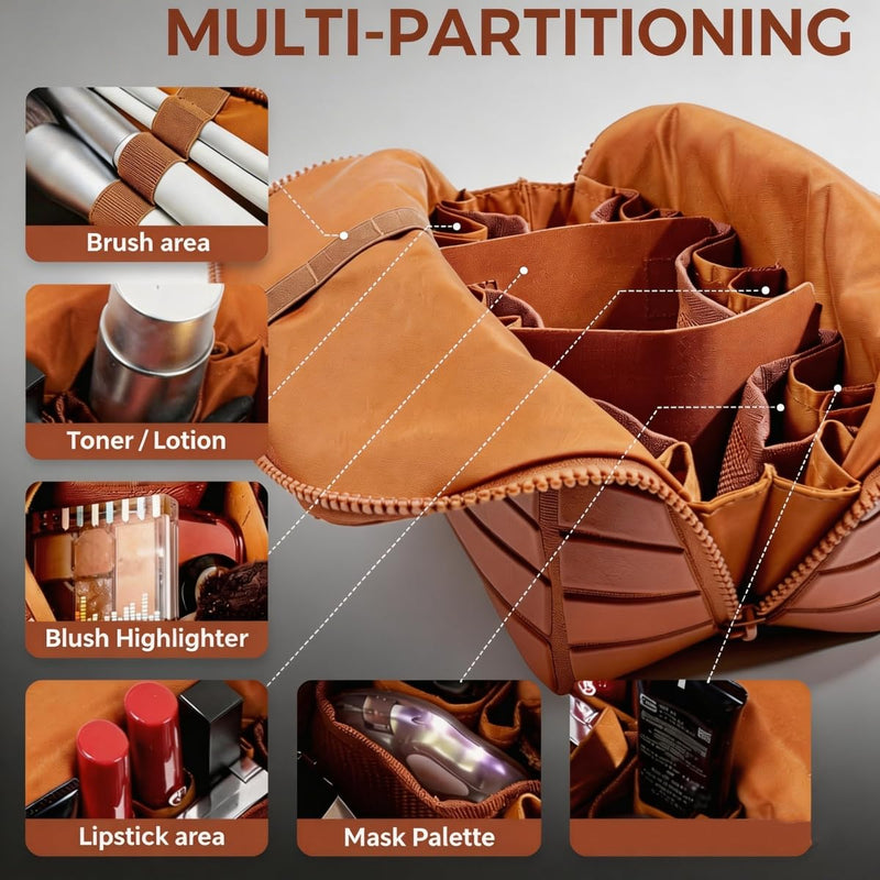 Travel Makeup Organizer Bag with Fold-Down Design, Adjustable Dividers, 27 Pockets & 3 Brush Holders, Large Capacity Cosmetic and Toiletry Organizer (Brown) Brown
