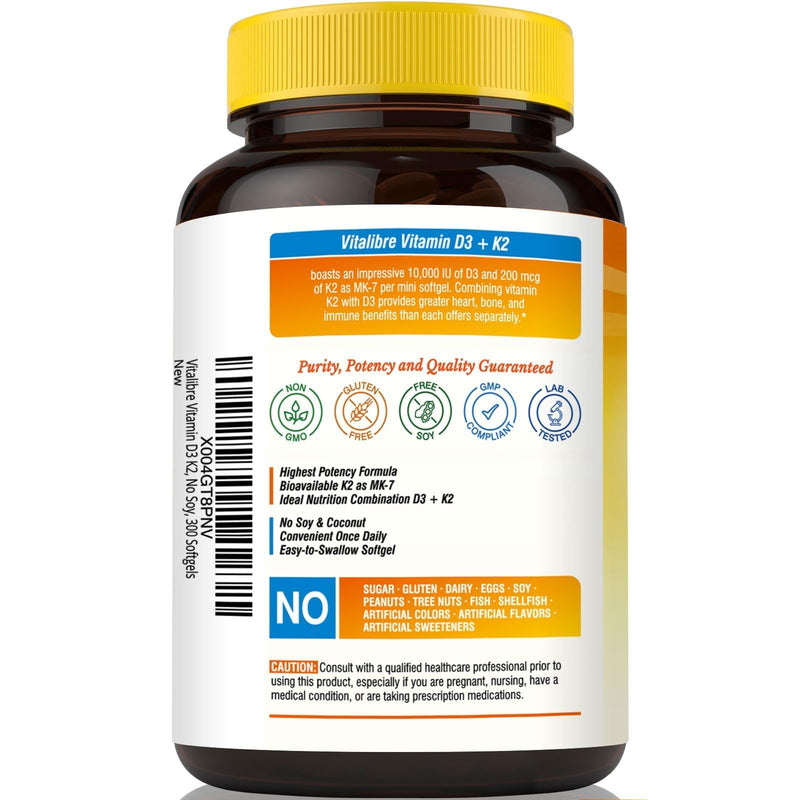Vitalibre Vitamin D3 K2 Supplement, Vitamin D3 10000 IU & 200 mcg K2 MK7 | Enhanced Calcium Absorption, Bone, Heart, Immune & Mood Support, No Soy, Easy to Swallow, 300 Softgels 300 Count (Pack of 1)