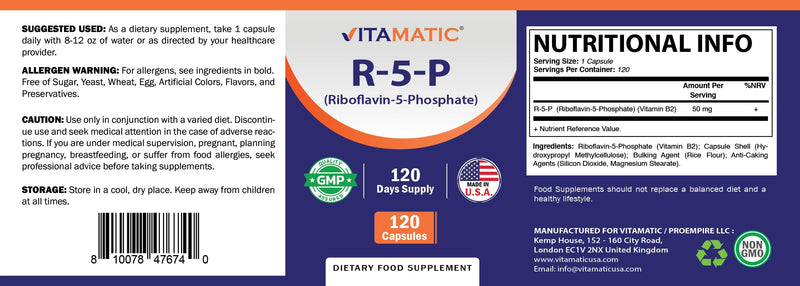 Vitamatic R-5-P Riboflavin-5-Phosphate (Vitamin B2) 50 mg | 120 Capsules | High Potency, Easy-to-Swallow Vegetarian Capsules